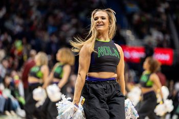 Dec 29, 2025; New Orleans, Louisiana, USA;  New Orleans Pelicans PelSquard entertains the fans on a time out against the New York Knicks during the second half at Smoothie King Center. Mandatory Credit: Stephen Lew-Imagn Images