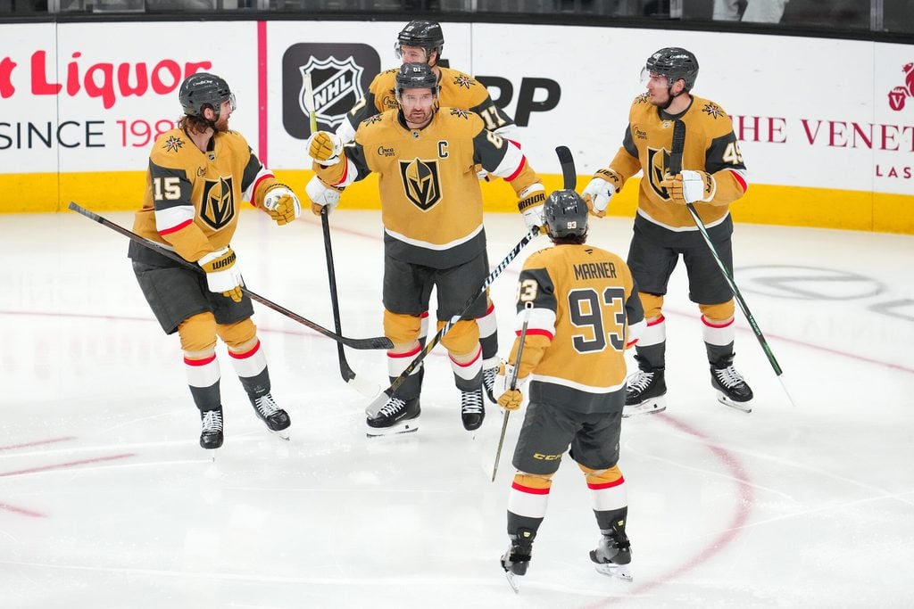 Dec 29, 2025; Las Vegas, Nevada, USA; Vegas Golden Knights right wing Mark Stone (61) celebrates after scoring a goal against the Minnesota Wild during the third period at T-Mobile Arena. Mandatory Credit: Stephen R. Sylvanie-Imagn Images