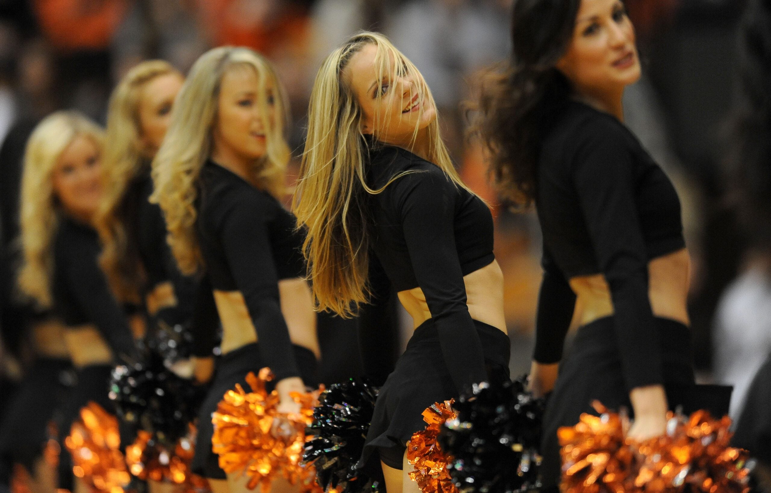 Jan 12, 2013; Corvallis, OR, USA; Oregon State Beavers cheerleaders perform during the first half of the game between the Oregon State Beavers and the Arizona Wildcats at Gill Coliseum. Mandatory Credit: Steve Dykes-Imagn Images