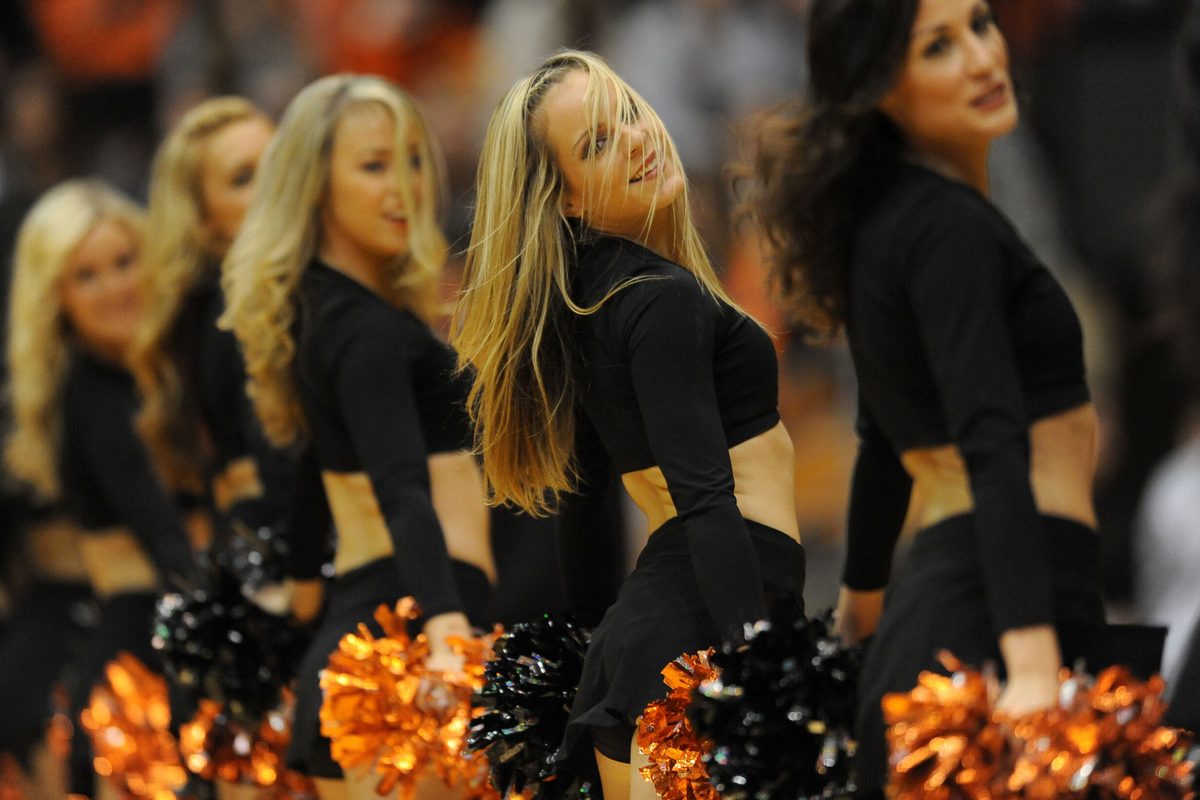 Jan 12, 2013; Corvallis, OR, USA; Oregon State Beavers cheerleaders perform during the first half of the game between the Oregon State Beavers and the Arizona Wildcats at Gill Coliseum. Mandatory Credit: Steve Dykes-Imagn Images