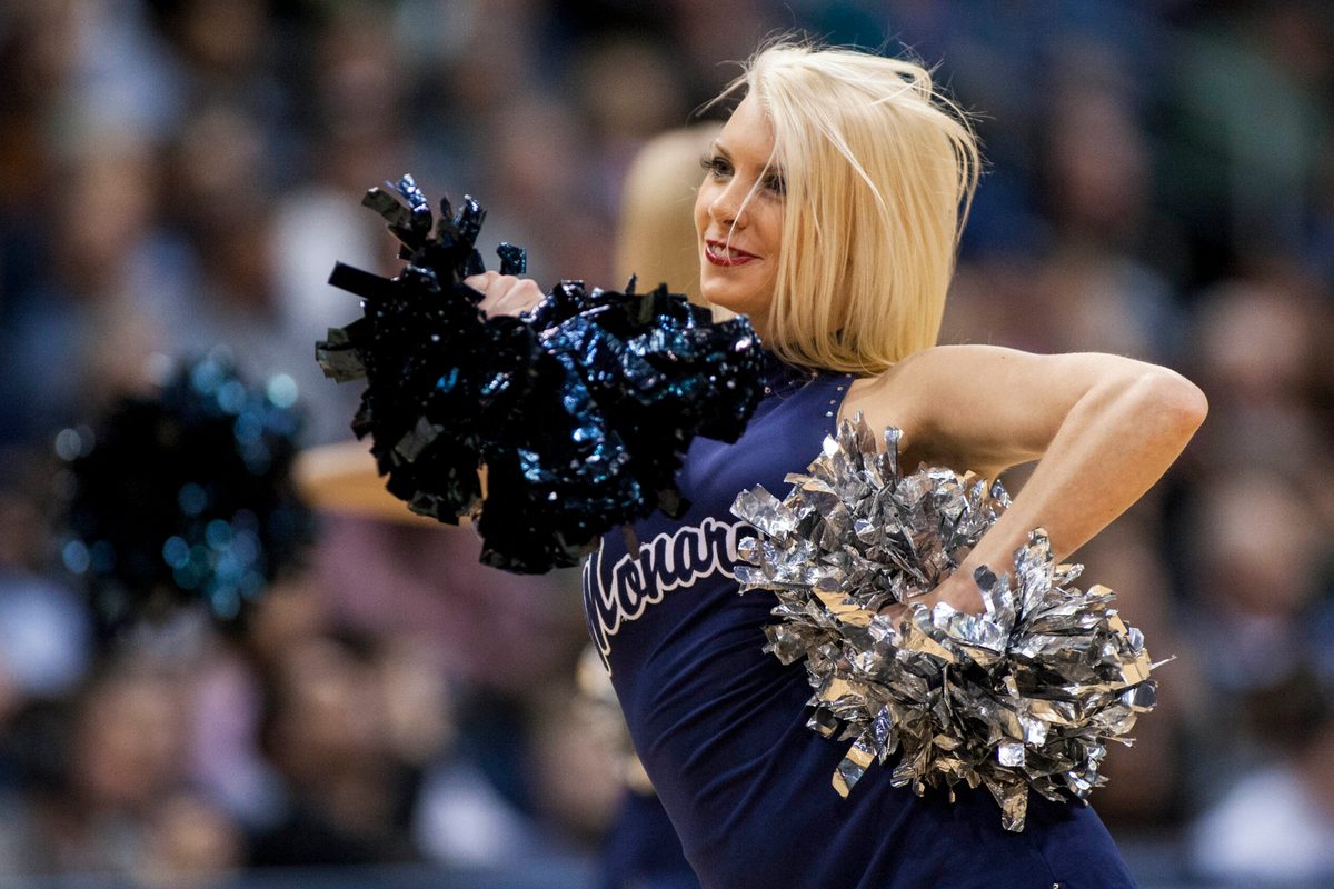 Jan 15, 2015; Norfolk, VA, USA; An Old Dominion Monarchs cheerleader performs during a time out against the Rice Owls at Constant Convocation Center. Mandatory Credit: Peter Casey-Imagn Images