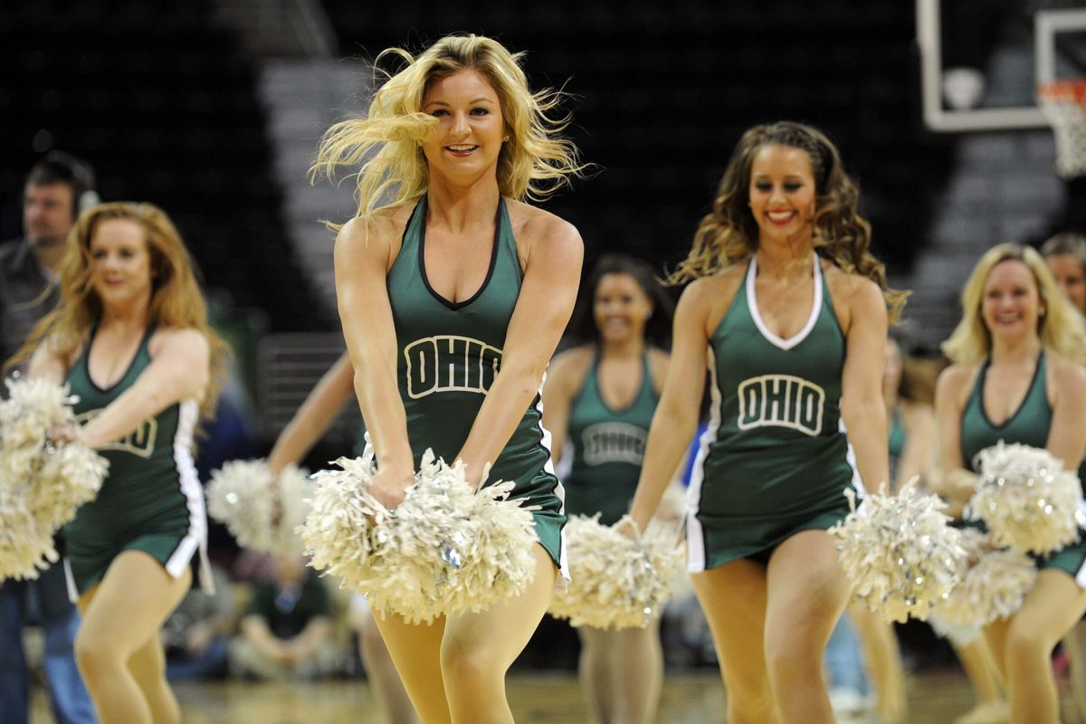 Mar 14, 2015; Cleveland, OH, USA; The Ohio Bobcats cheerleaders perform during the first half of the championship game of the MAC Tournament at Quicken Loans Arena. Mandatory Credit: Ken Blaze-Imagn Images