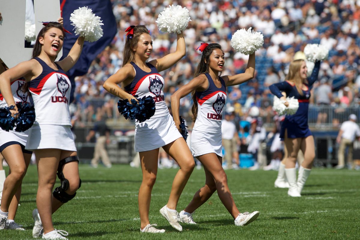 Sep 12, 2015; East Hartford, CT, USA; Connecticut Huskies cheerleaders perform during a break in the action against he Army Black Knights in the first half at Rentschler Field. Mandatory Credit: David Butler II-Imagn Images