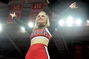 Feb 24, 2016; Raleigh, NC, USA; A North Carolina State Wolfpack cheerleader performs prior to the first half against the North Carolina Tar Heels at PNC Arena. Mandatory Credit: Rob Kinnan-Imagn Images