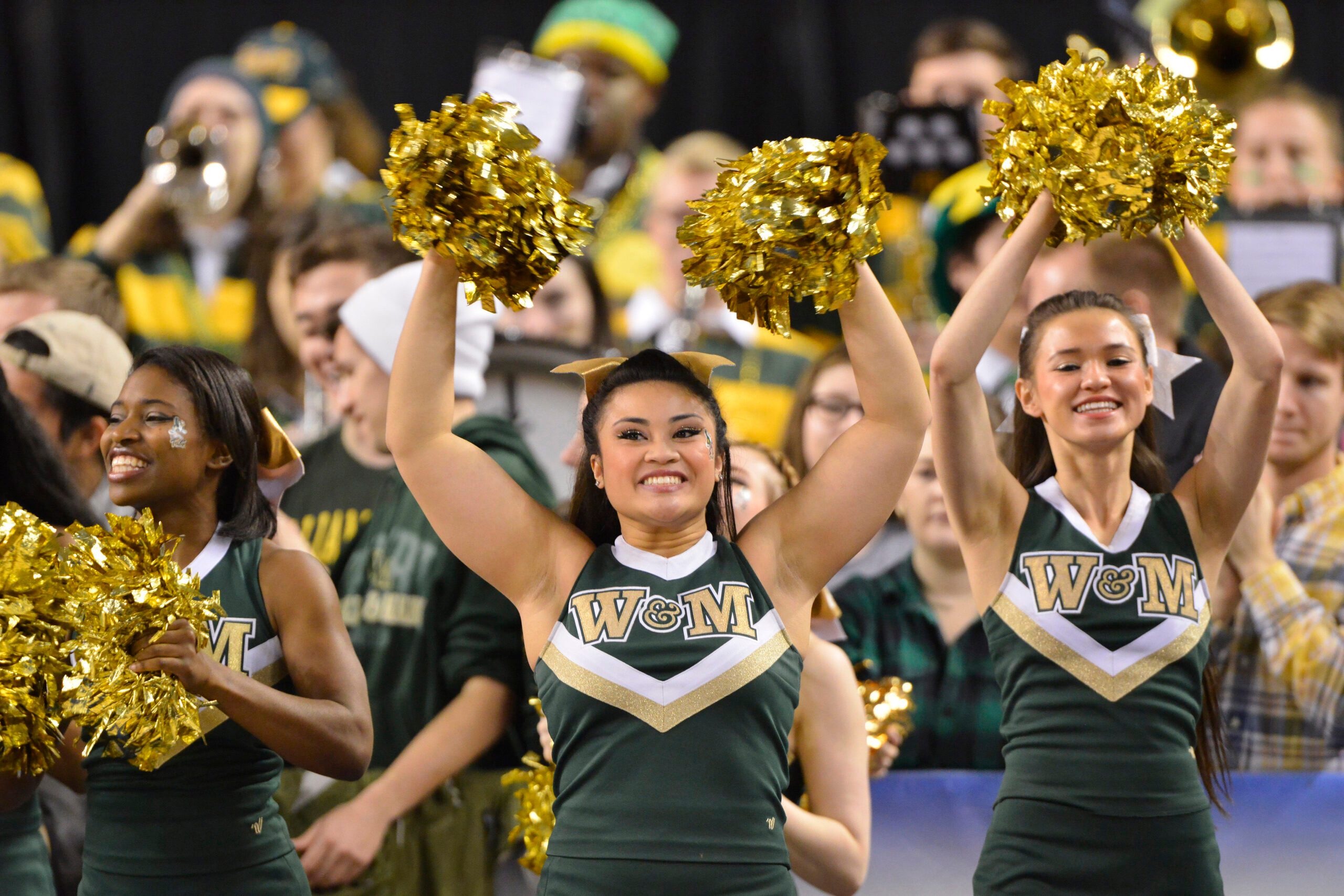 Mar 6, 2016; Baltimore, MD, USA; William & Mary Tribe cheerleaders perform during the CAA conference tournament against the Hofstra Pride at Royal Farms Arena. Mandatory Credit: Tommy Gilligan-Imagn Images