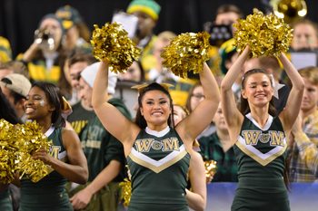 Mar 6, 2016; Baltimore, MD, USA; William & Mary Tribe cheerleaders perform during the CAA conference tournament against the Hofstra Pride at Royal Farms Arena. Mandatory Credit: Tommy Gilligan-Imagn Images