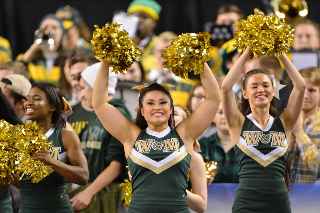 Mar 6, 2016; Baltimore, MD, USA; William & Mary Tribe cheerleaders perform during the CAA conference tournament against the Hofstra Pride at Royal Farms Arena. Mandatory Credit: Tommy Gilligan-Imagn Images
