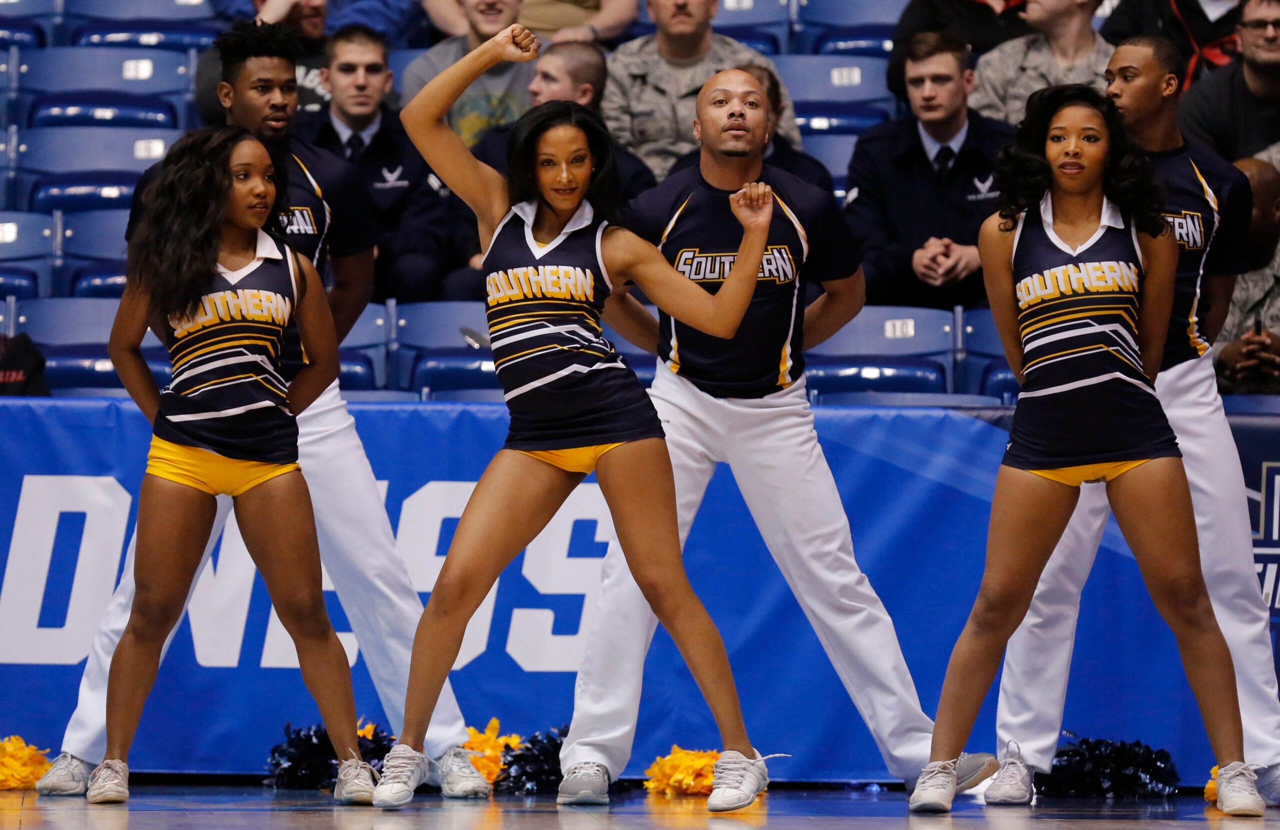 Mar 16, 2016; Dayton, OH, USA; Southern University Jaguars cheerleaders perform during the first half against the Holy Cross Crusaders of the First Four of the NCAA men's college basketball tournament at Dayton Arena. Mandatory Credit: Rick Osentoski-Imagn Images