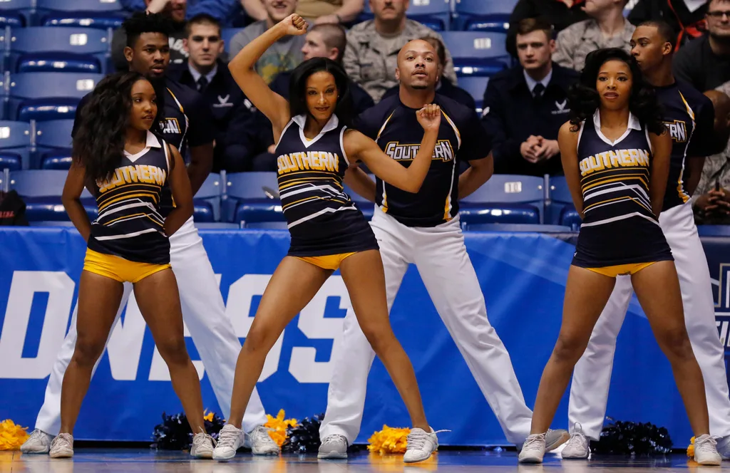 Mar 16, 2016; Dayton, OH, USA; Southern University Jaguars cheerleaders perform during the first half against the Holy Cross Crusaders of the First Four of the NCAA men's college basketball tournament at Dayton Arena. Mandatory Credit: Rick Osentoski-Imagn Images