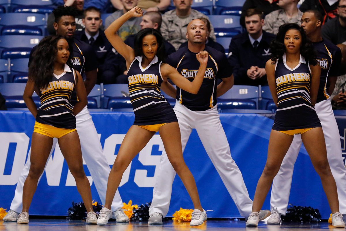 Mar 16, 2016; Dayton, OH, USA; Southern University Jaguars cheerleaders perform during the first half against the Holy Cross Crusaders of the First Four of the NCAA men's college basketball tournament at Dayton Arena. Mandatory Credit: Rick Osentoski-Imagn Images