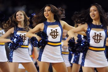 Jan 4, 2017; Irvine, CA, USA; UC Irvine Anteaters cheerleaders perform during a pause in play during the second half against the Long Beach State 49ers at Bren Events Center. The Anteaters won 82-67. Mandatory Credit: Orlando Ramirez-Imagn Images