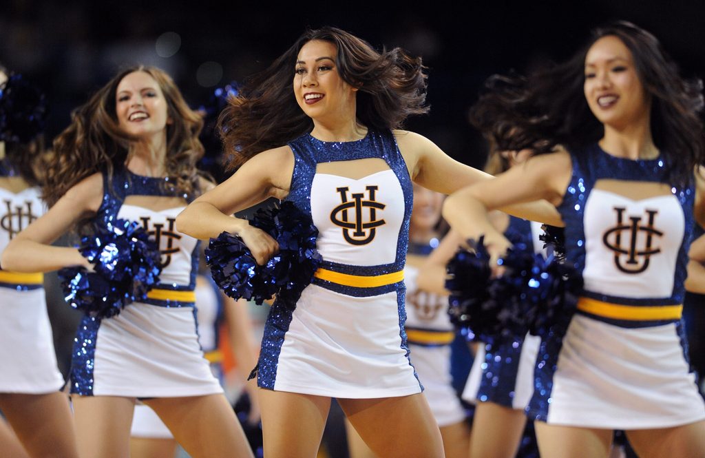 Jan 4, 2017; Irvine, CA, USA; UC Irvine Anteaters cheerleaders perform during a pause in play during the second half against the Long Beach State 49ers at Bren Events Center. The Anteaters won 82-67. Mandatory Credit: Orlando Ramirez-Imagn Images