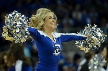 Jan 11, 2017; Omaha, NE, USA;  A Creighton Bluejays cheerleader performs during a break in the game against the Butler Bulldogs at CenturyLink Center Omaha. Creighton defeated Butler 75-64. Mandatory Credit: Steven Branscombe-Imagn Images