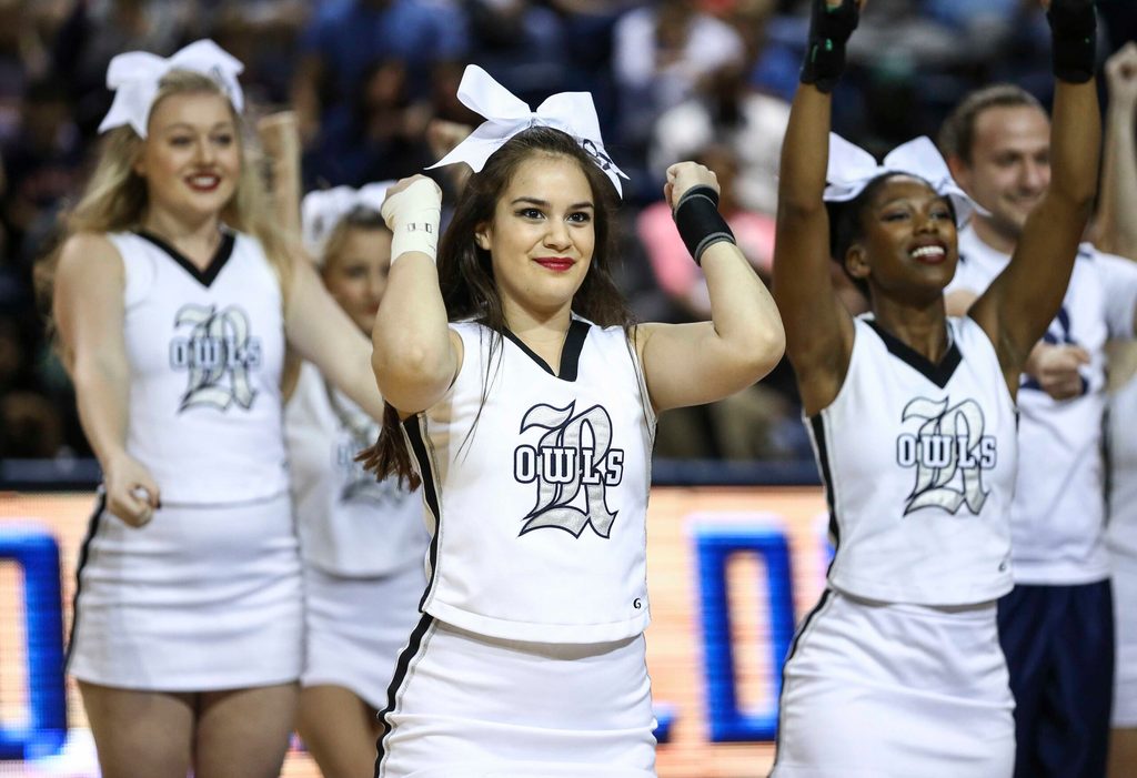 Jan 14, 2017; Houston, TX, USA; Rice Owls cheerleaders perform during the second half against the North Texas Mean Green at Tudor Fieldhouse. Mandatory Credit: Troy Taormina-Imagn Images