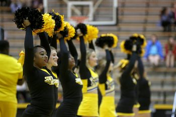 Jan 19, 2017; Hattiesburg, MS, USA; The Southern Miss Golden Eagles cheerleaders perform during their game against the North Texas Mean Green in the second half at Reed Green Coliseum. Southern Miss won, 75-65. Mandatory Credit: Chuck Cook-Imagn Images