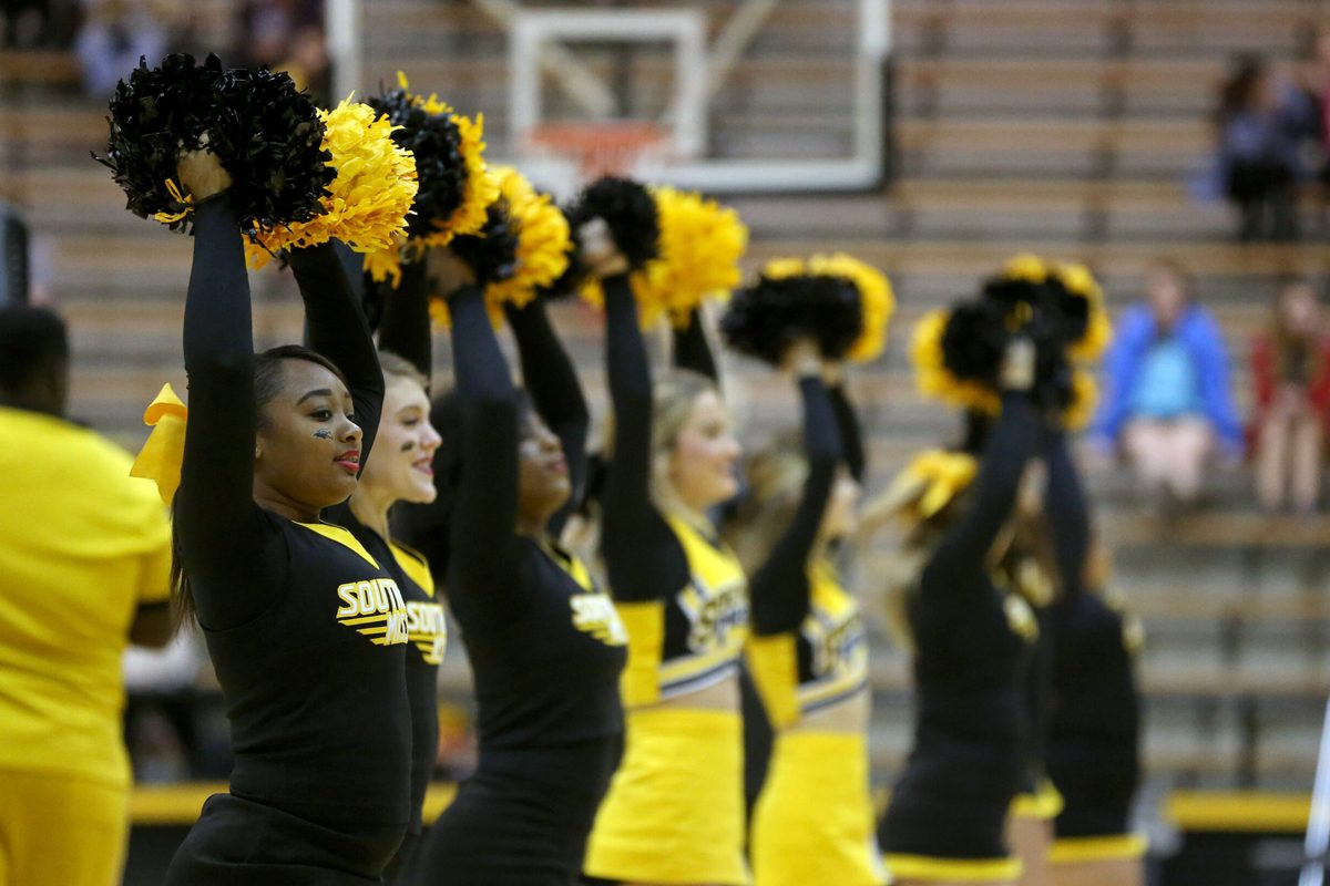 Jan 19, 2017; Hattiesburg, MS, USA; The Southern Miss Golden Eagles cheerleaders perform during their game against the North Texas Mean Green in the second half at Reed Green Coliseum. Southern Miss won, 75-65. Mandatory Credit: Chuck Cook-Imagn Images