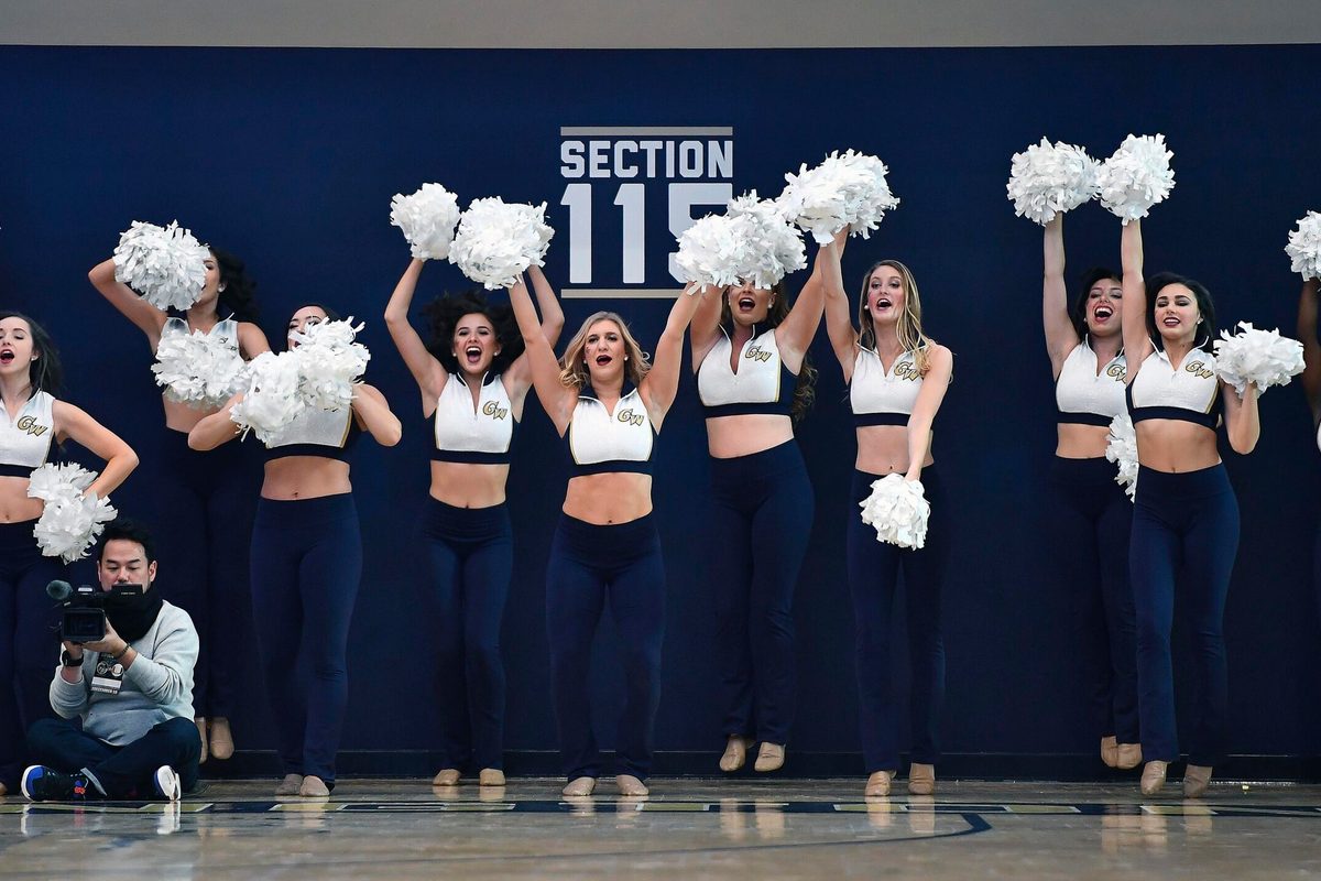 Dec 16, 2017; Washington, DC, USA; George Washington Colonials cheerleaders perform against the Miami (Fl) Hurricanes during the first half at Charles E. Smith Center. Mandatory Credit: Brad Mills-Imagn Images