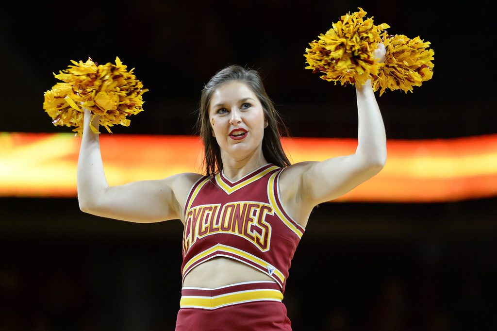 Jan 20, 2018; Ames, IA, USA; An Iowa State Cyclones cheerleader perfroms against the Texas Tech Red Raiders during the second half at James H. Hilton Coliseum. Mandatory Credit: Steven Branscombe-Imagn Images