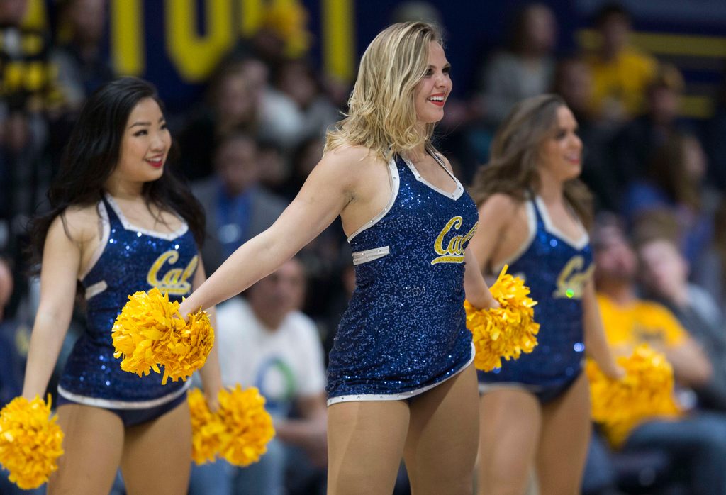 Feb 22, 2018; Berkeley, CA, USA; California Golden Bears cheerleaders perform during the first half against the Washington State Cougars at Haas Pavilion. Mandatory Credit: Neville E. Guard-Imagn Images