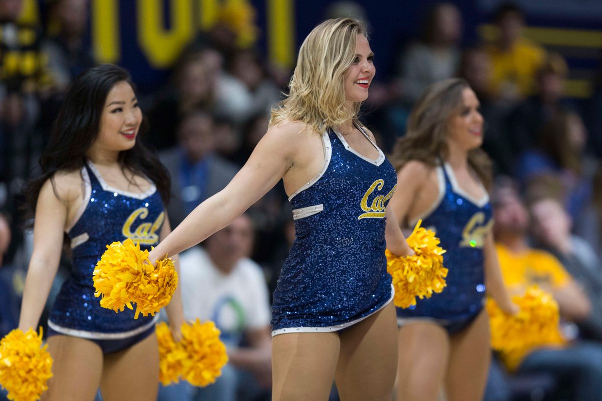 Feb 22, 2018; Berkeley, CA, USA; California Golden Bears cheerleaders perform during the first half against the Washington State Cougars at Haas Pavilion. Mandatory Credit: Neville E. Guard-Imagn Images
