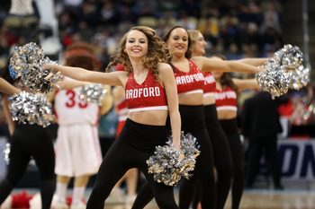 Mar 15, 2018; Pittsburgh, PA, USA; Radford Highlanders cheerleaders perform on the court in the first half against the Villanova Wildcats in the first round of the 2018 NCAA Tournament at PPG Paints Arena. Mandatory Credit: Geoff Burke-Imagn Images