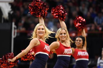 Mar 15, 2018; Boise, ID, USA; Arizona Wildcats cheerleaders perform in the first half against the Buffalo Bulls during the first round of the 2018 NCAA Tournament at Taco Bell Arena. Mandatory Credit: Kyle Terada-Imagn Images