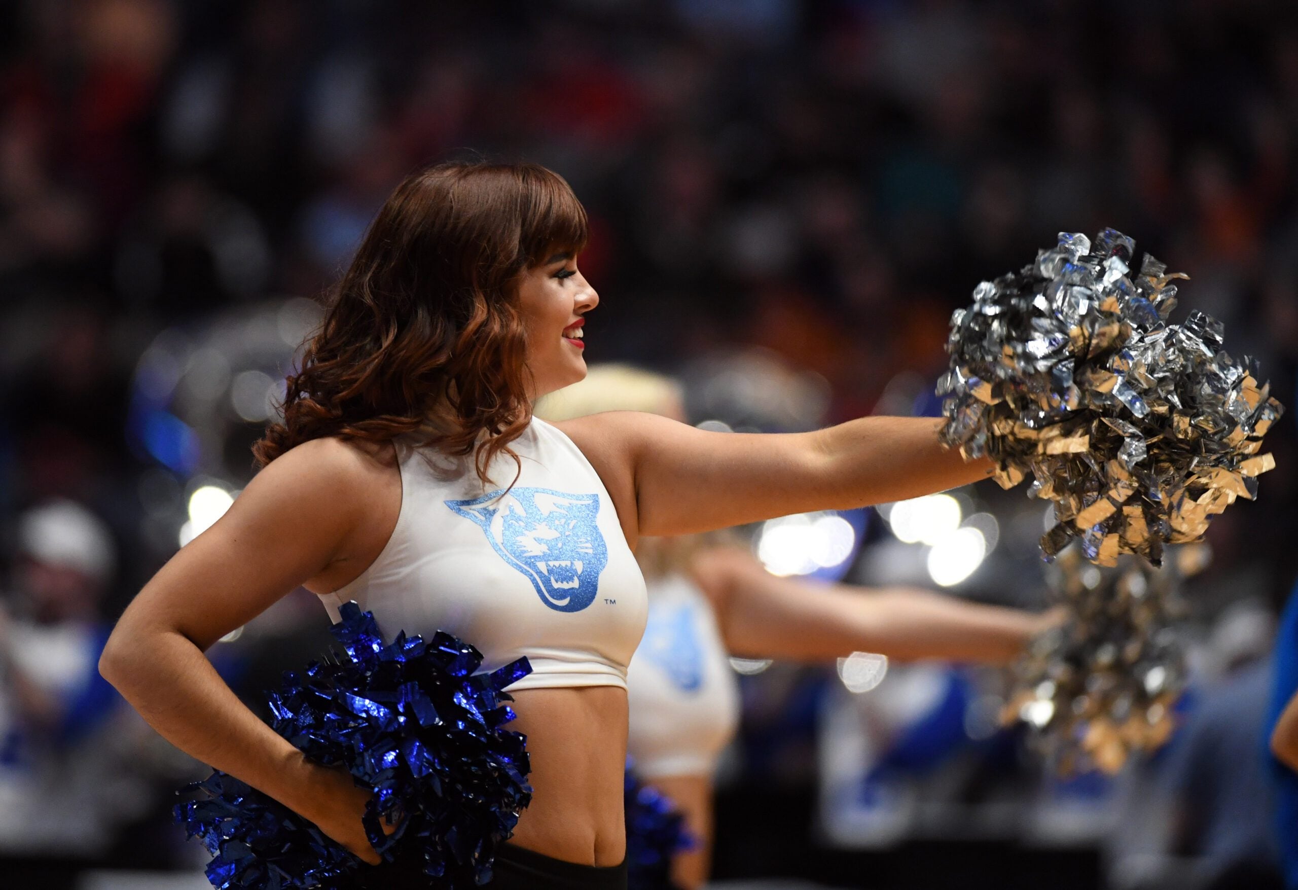 Mar 16, 2018; Nashville, TN, USA; The Georgia State Panthers cheerleaders perform during the second half in the first round of the 2018 NCAA Tournament against the Cincinnati Bearcats at Bridgestone Arena. Mandatory Credit: Christopher Hanewinckel-Imagn Images