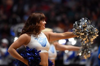 Mar 16, 2018; Nashville, TN, USA; The Georgia State Panthers cheerleaders perform during the second half in the first round of the 2018 NCAA Tournament against the Cincinnati Bearcats at Bridgestone Arena. Mandatory Credit: Christopher Hanewinckel-Imagn Images