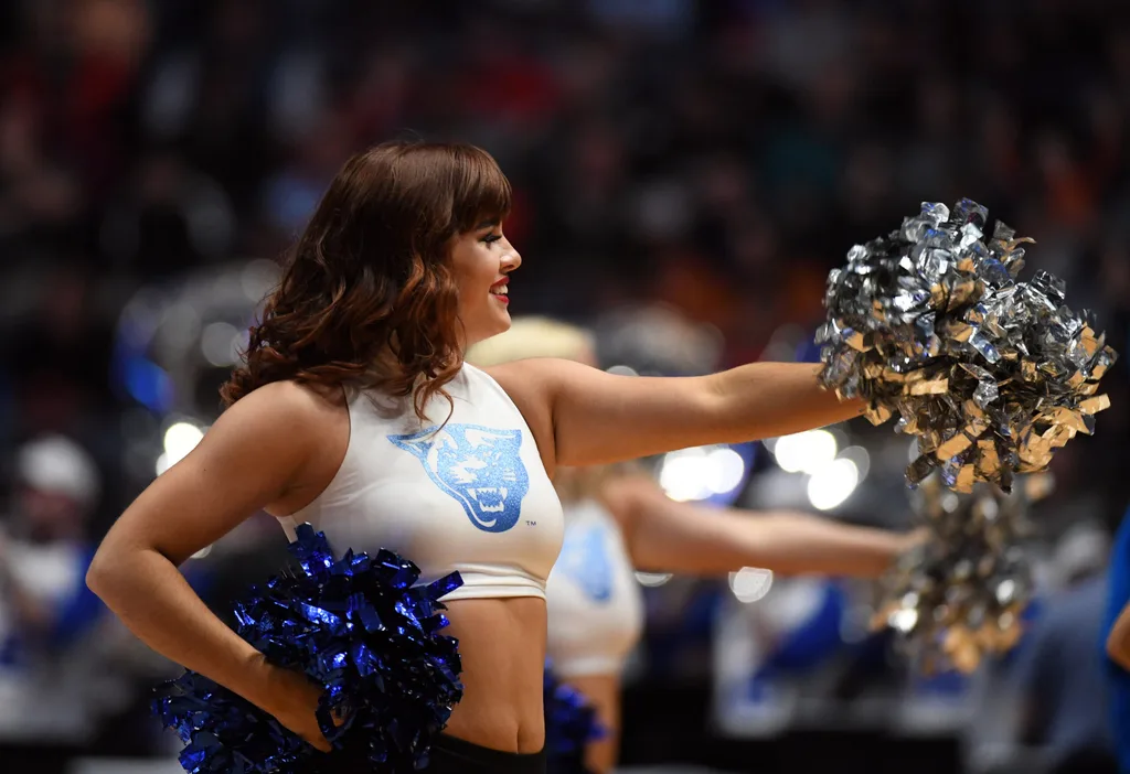 Mar 16, 2018; Nashville, TN, USA; The Georgia State Panthers cheerleaders perform during the second half in the first round of the 2018 NCAA Tournament against the Cincinnati Bearcats at Bridgestone Arena. Mandatory Credit: Christopher Hanewinckel-Imagn Images