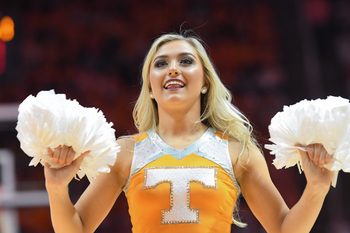 Feb 9, 2019; Knoxville, TN, USA; A Tennessee Volunteers cheerleader performs during a time out in the game against the Florida Gators at Thompson-Boling Arena. Mandatory Credit: Randy Sartin-Imagn Images