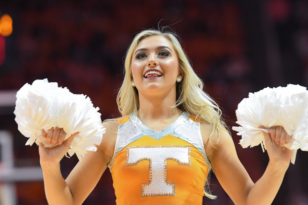 Feb 9, 2019; Knoxville, TN, USA; A Tennessee Volunteers cheerleader performs during a time out in the game against the Florida Gators at Thompson-Boling Arena. Mandatory Credit: Randy Sartin-Imagn Images