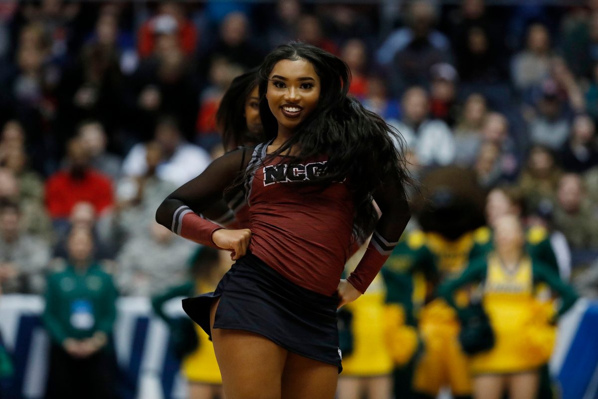 Mar 20, 2019; Dayton, OH, USA; North Carolina Central Eagles cheerleader in the second half against the North Dakota State Bison in the First Four of the 2019 NCAA Tournament at Dayton Arena. Mandatory Credit: Rick Osentoski-Imagn Images