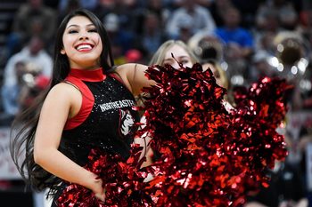 Mar 21, 2019; Salt Lake City, UT, USA; Northeastern Huskies cheerleaders perform during the first half in the first round of the 2019 NCAA Tournament against the Kansas Jayhawks at Vivint Smart Home Arena. Mandatory Credit: Kirby Lee-Imagn Images