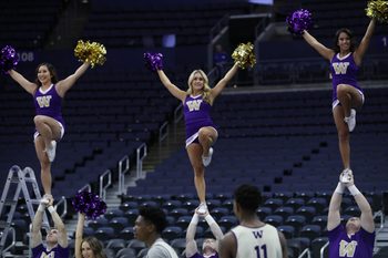 Mar 21, 2019; Columbus, OH, USA; Washington Huskies cheerleaders during practice before the first round of the 2019 NCAA Tournament at Nationwide Arena. Mandatory Credit: Kevin Jairaj-Imagn Images