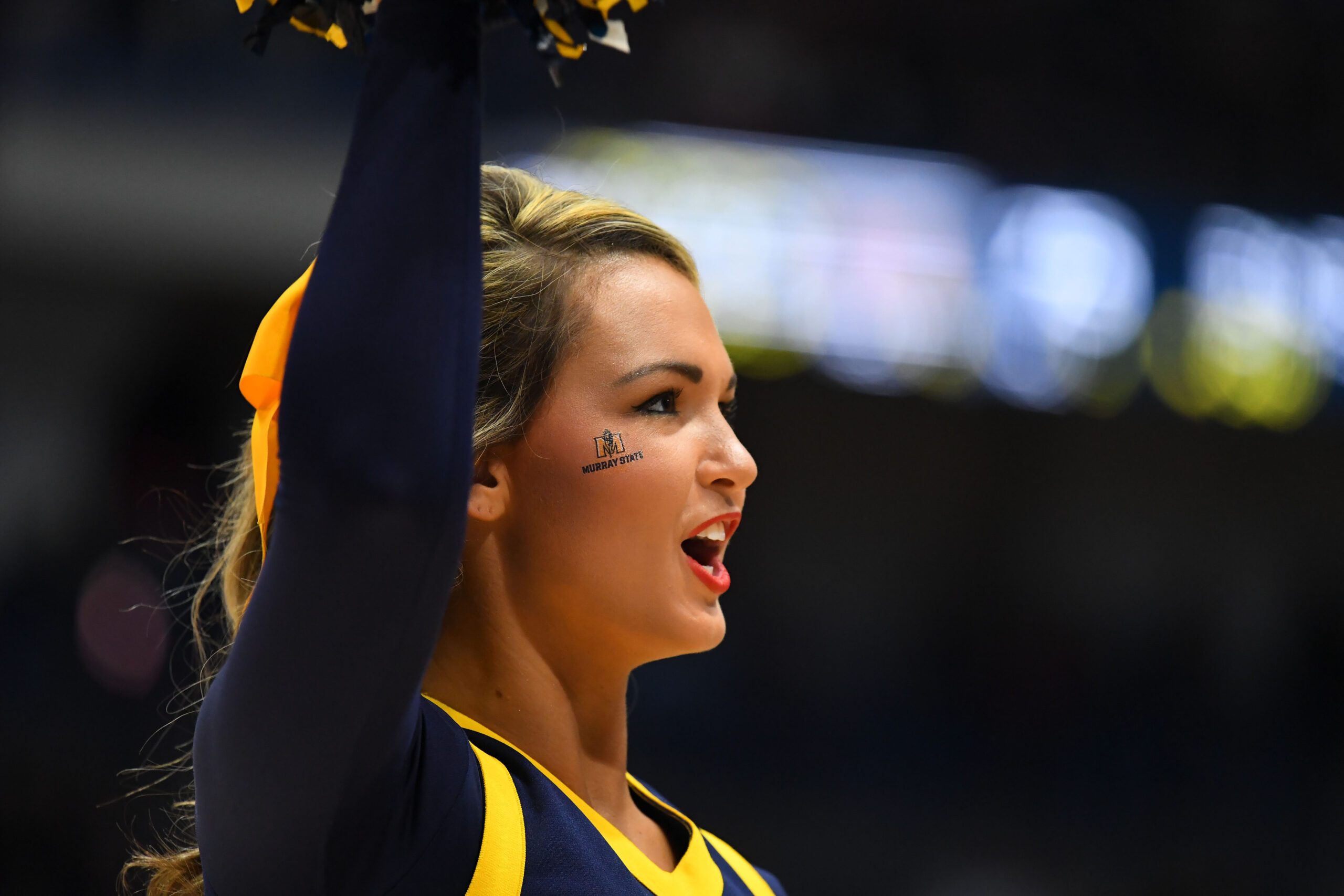 Mar 21, 2019; Hartford, CT, USA; A Murray State Racers cheerleader performs during the second half against the Marquette Golden Eagles of a game in the first round of the 2019 NCAA Tournament at XL Center. Mandatory Credit: Robert Deutsch-Imagn Images