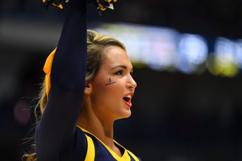 Mar 21, 2019; Hartford, CT, USA; A Murray State Racers cheerleader performs during the second half against the Marquette Golden Eagles of a game in the first round of the 2019 NCAA Tournament at XL Center. Mandatory Credit: Robert Deutsch-Imagn Images