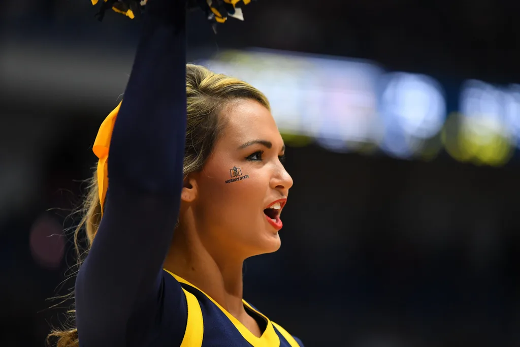 Mar 21, 2019; Hartford, CT, USA; A Murray State Racers cheerleader performs during the second half against the Marquette Golden Eagles of a game in the first round of the 2019 NCAA Tournament at XL Center. Mandatory Credit: Robert Deutsch-Imagn Images