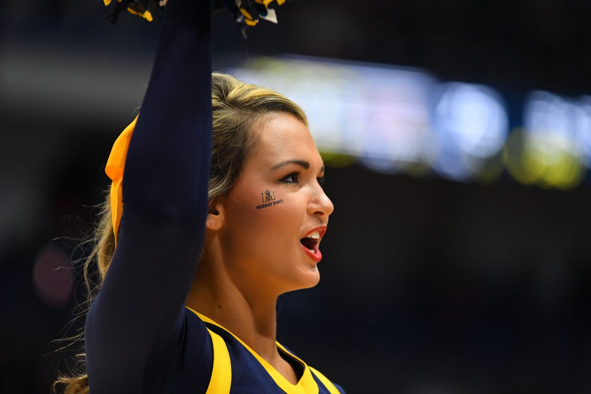 Mar 21, 2019; Hartford, CT, USA; A Murray State Racers cheerleader performs during the second half against the Marquette Golden Eagles of a game in the first round of the 2019 NCAA Tournament at XL Center. Mandatory Credit: Robert Deutsch-Imagn Images