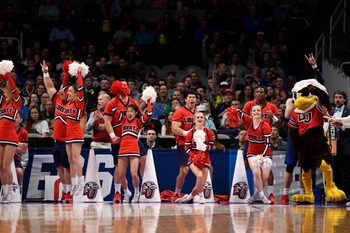 Mar 24, 2019; San Jose, CA, USA; Liberty Flames cheerleaders perform against the Virginia Tech Hokies during the first half in the second round of the 2019 NCAA Tournament at SAP Center. Mandatory Credit: Kelley L Cox-Imagn Images