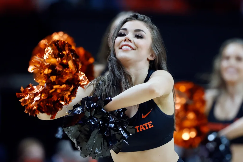 Feb 15, 2022; Corvallis, Oregon, USA; Oregon State Beavers cheerleaders perform during the second half at Gill Coliseum. Mandatory Credit: Soobum Im-Imagn Images