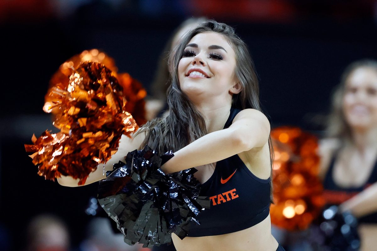 Feb 15, 2022; Corvallis, Oregon, USA; Oregon State Beavers cheerleaders perform during the second half at Gill Coliseum. Mandatory Credit: Soobum Im-Imagn Images