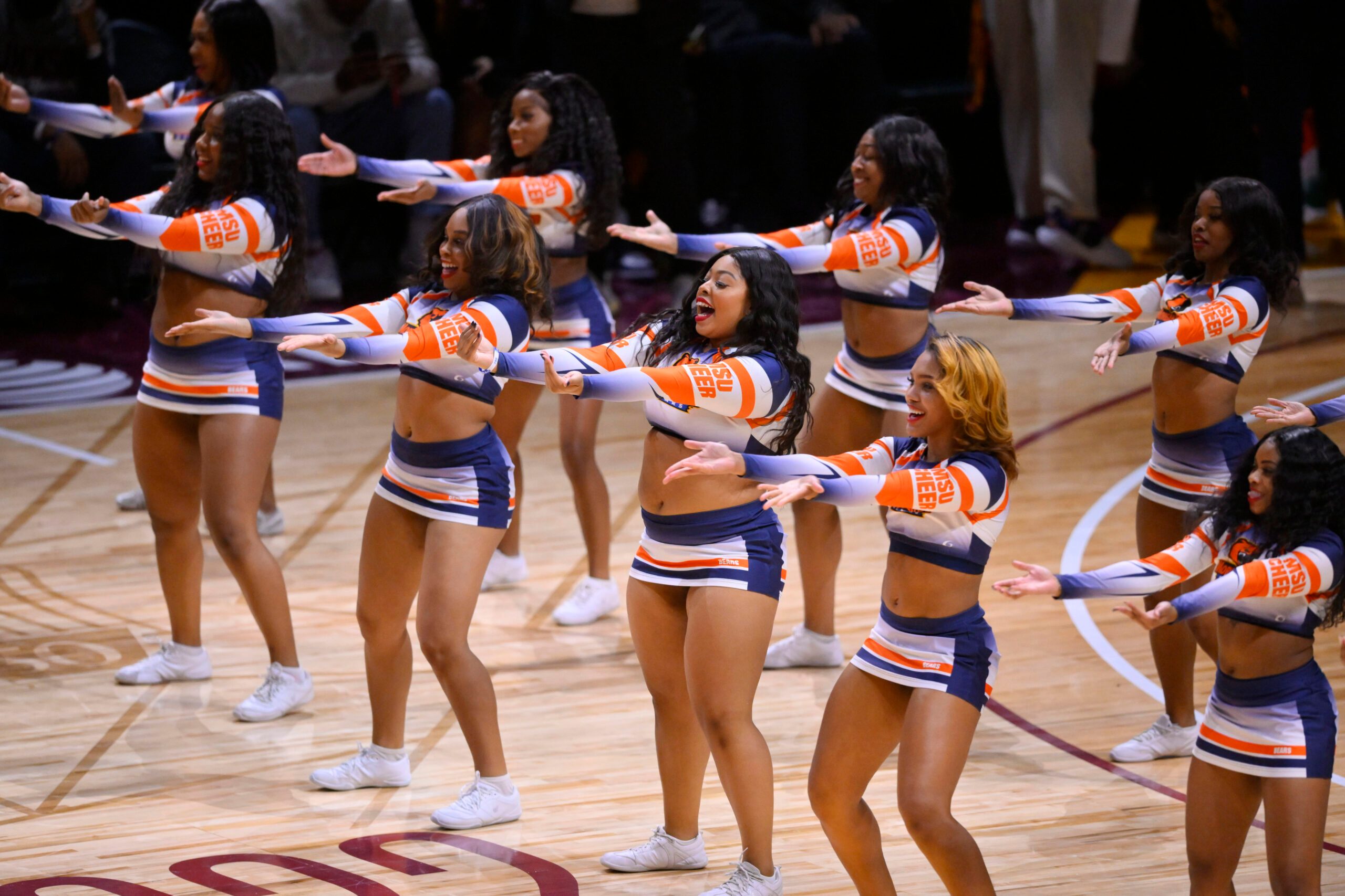 Feb 19, 2022; Cleveland, OH, USA; The Morgan State Bears cheerleaders perform during the NBA HBCU Classic at Wolstein Center. Mandatory Credit: David Richard-Imagn Images