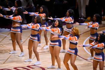 Feb 19, 2022; Cleveland, OH, USA; The Morgan State Bears cheerleaders perform during the NBA HBCU Classic at Wolstein Center. Mandatory Credit: David Richard-Imagn Images