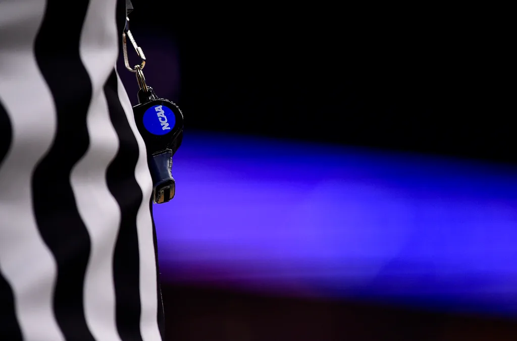 Mar 3, 2022; St. Louis, MO, USA; A detail view of a referees whistle during the second half of a game between the Illinois State Redbirds and the Indiana State Sycamores in the Missouri Valley Conference Tournament at Enterprise Center. Mandatory Credit: Jeff Curry-Imagn Images
