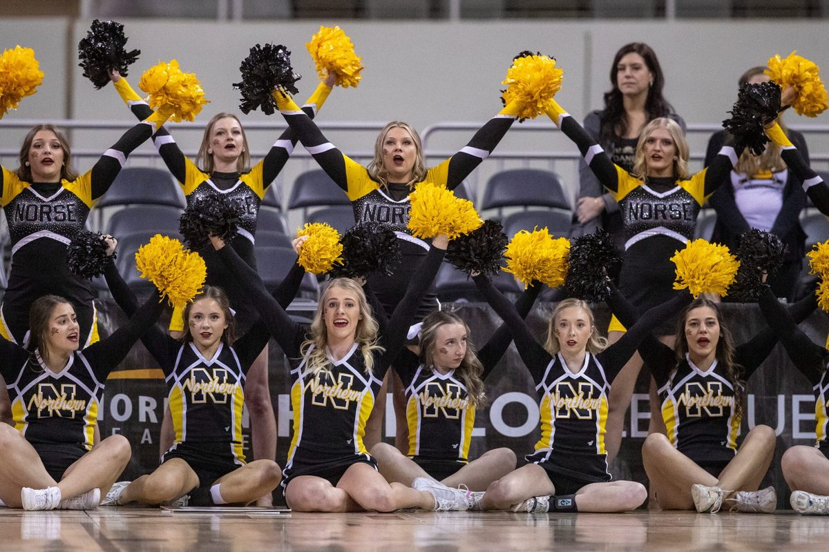 Northern Kentucky Norse cheerleaders, Monday, March 7, 2022, during Horizon League tournament men   s semifinal action from Indianapolis    Indiana Farmers Coliseum. NKU won 57-43.