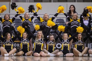 Northern Kentucky Norse cheerleaders, Monday, March 7, 2022, during Horizon League tournament men   s semifinal action from Indianapolis    Indiana Farmers Coliseum. NKU won 57-43.