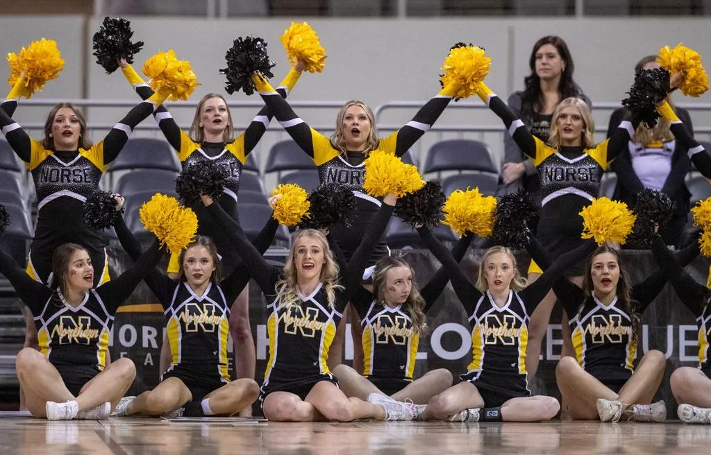 Northern Kentucky Norse cheerleaders, Monday, March 7, 2022, during Horizon League tournament men s semifinal action from Indianapolis Indiana Farmers Coliseum. NKU won 57-43.