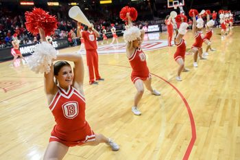 Bradley cheerleaders rev up the crowd at halftime of the Braves' season opener against UW-Parkside on Monday, Nov. 7, 2022 at Carver Arena. The Braves defeated the Rangers 93-59.
