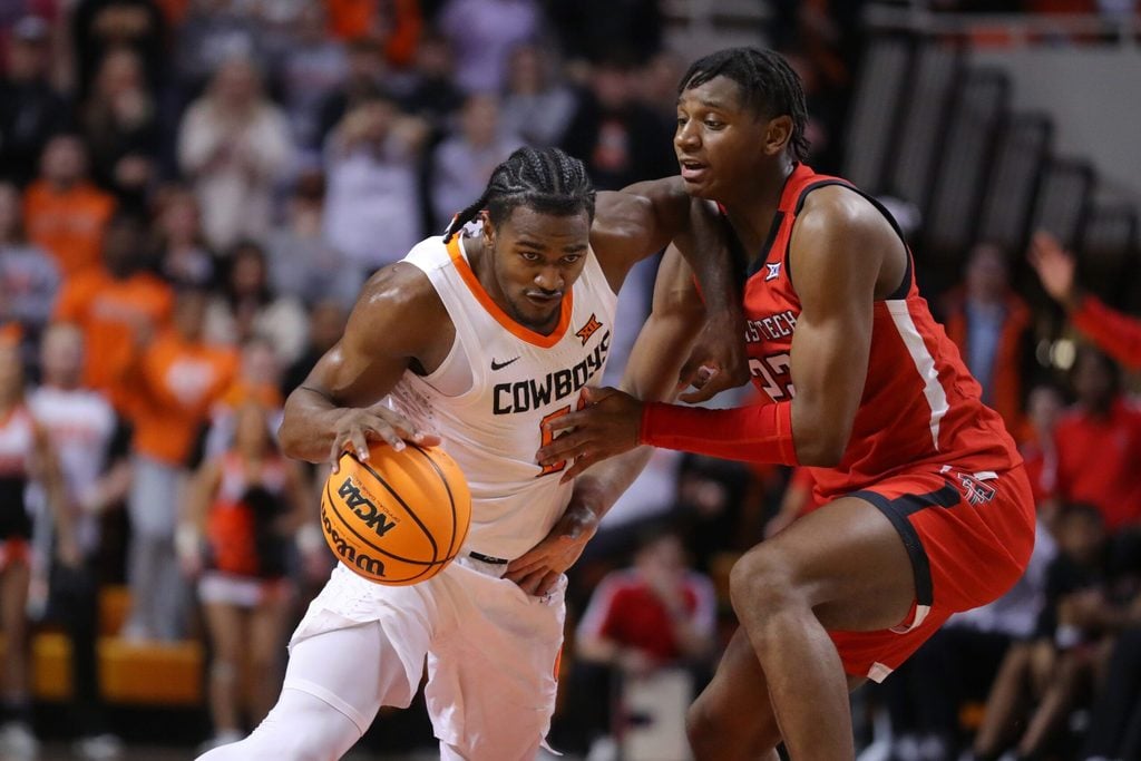 Oklahoma State Cowboys guard John-Michael Wright (51) is fouled by Texas Tech Red Raiders guard Elijah Fisher (22) during a men's college basketball game between the Oklahoma State University Cowboys (OSU) and the Texas Tech Red Raiders at Gallagher-Iba Arena in Stillwater, Okla., Wednesday, Feb. 8, 2023. Oklahoma State won 71-68.
Osu Vs Texas Tech Men S Basketball