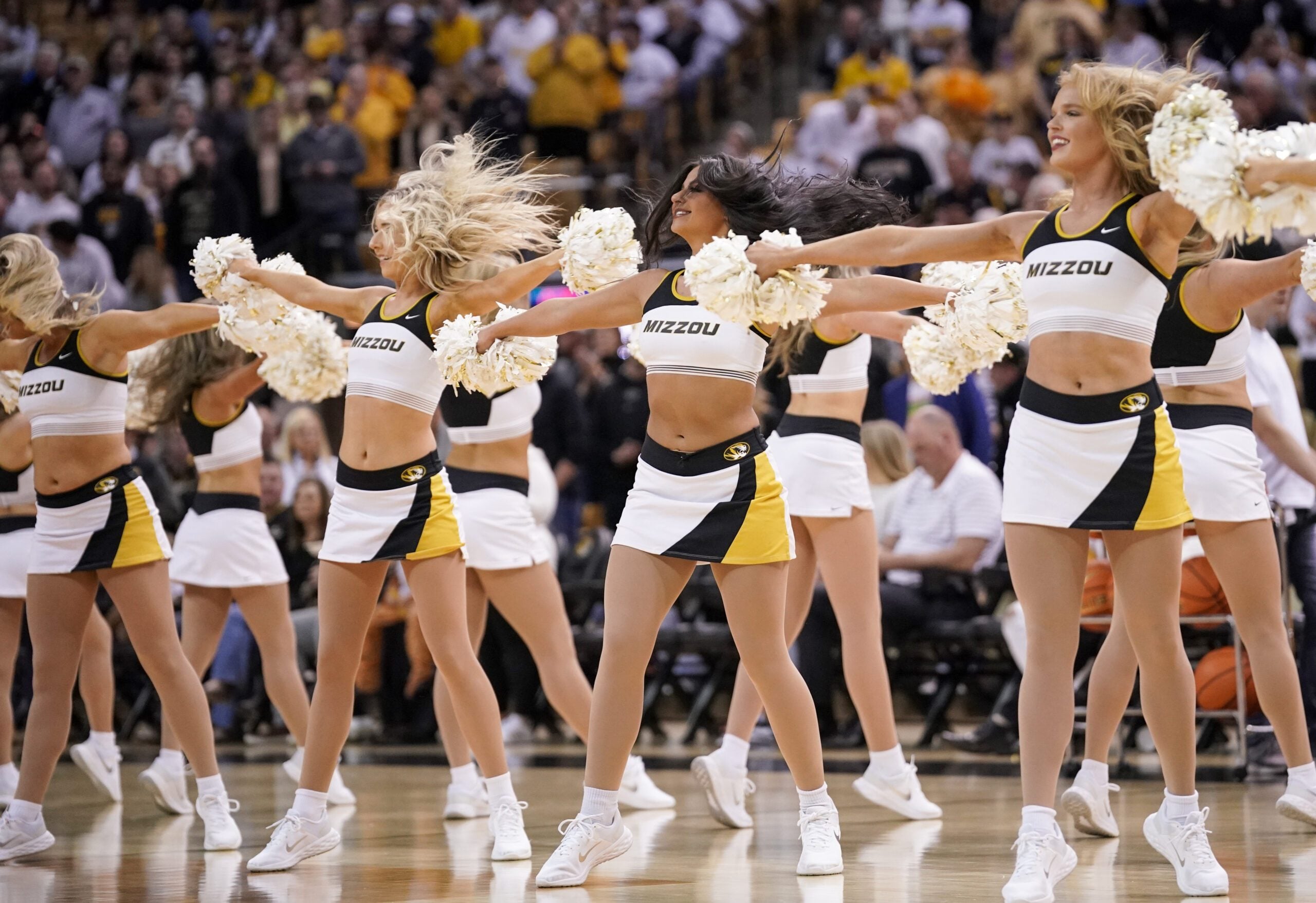 Mar 4, 2023; Columbia, Missouri, USA; The Missouri Tigers cheerleaders perform against the Mississippi Rebels during the first half at Mizzou Arena. Mandatory Credit: Denny Medley-Imagn Images